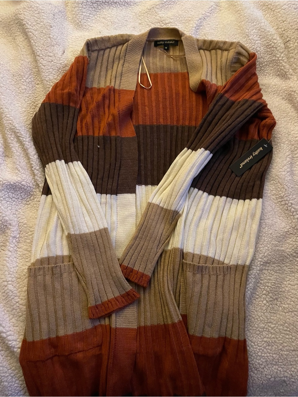 kathy ireland Colorblock Ribbed Open Cardigan in Rust, Brown & Cream